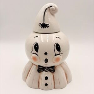 Johanna Parker Ceramic Ghost Canister Halloween Cookie Jar with Spider Hat